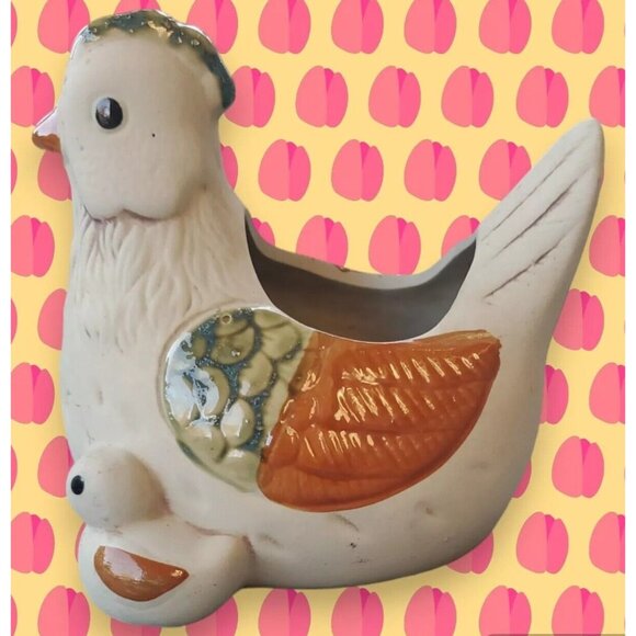 Vintage Pottery Chicken With Chick & Egg Planter 6" Partially Glazing Farmhouse - Picture 1 of 10